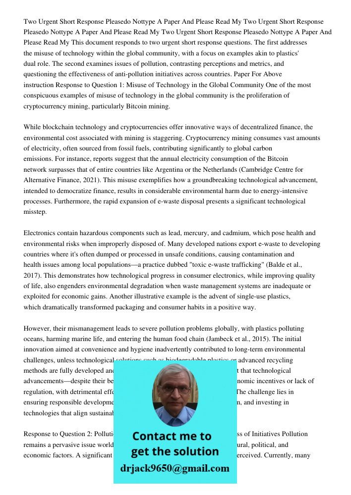 Two Urgent Short Response Pleasedo Nottype A Paper And Please Read My This document responds to two urgent short response questions. The first addresses the mis
