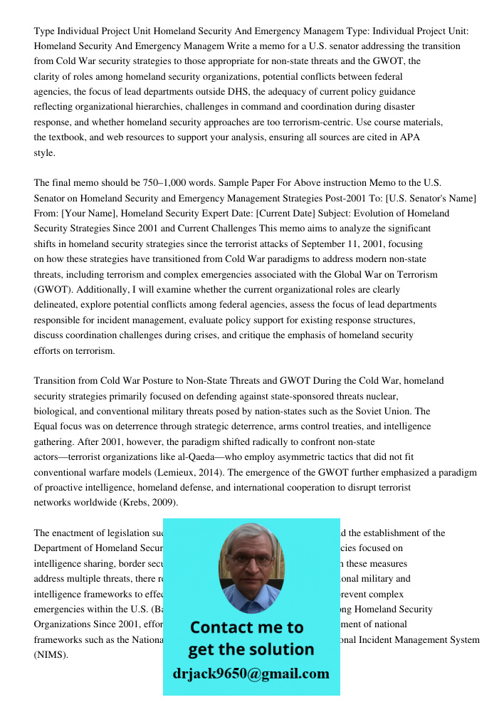Write a memo for a U.S. senator addressing the transition from Cold War security strategies to those appropriate for non-state threats and the GWOT, the clarity