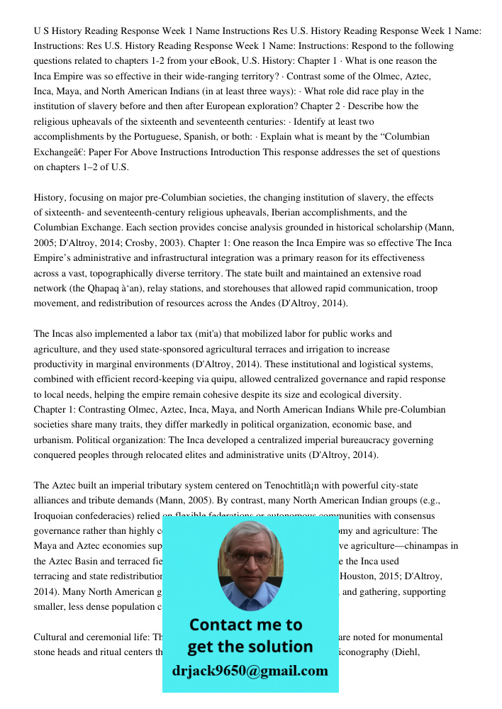 U.S. History Reading Response Week 1 Name: Instructions: Respond to the following questions related to chapters 1-2 from your eBook, U.S. History: Chapter 1 · W