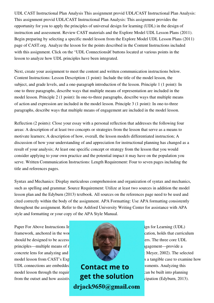 UDL/CAST Instructional Plan Analysis: This assignment provides the opportunity for you to apply the principles of universal design for learning (UDL) in the des