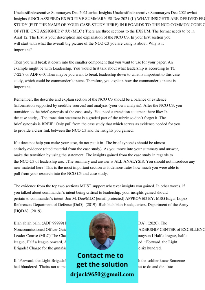 (UNCLASSIFIED) EXECUTIVE SUMMARY ES Dec 2021 (U) WHAT INSIGHTS ARE DERIVED FROM THE CASE STUDY (PUT THE NAME OF YOUR CASE STUDY HERE) IN REGARDS TO THE NCO COMM