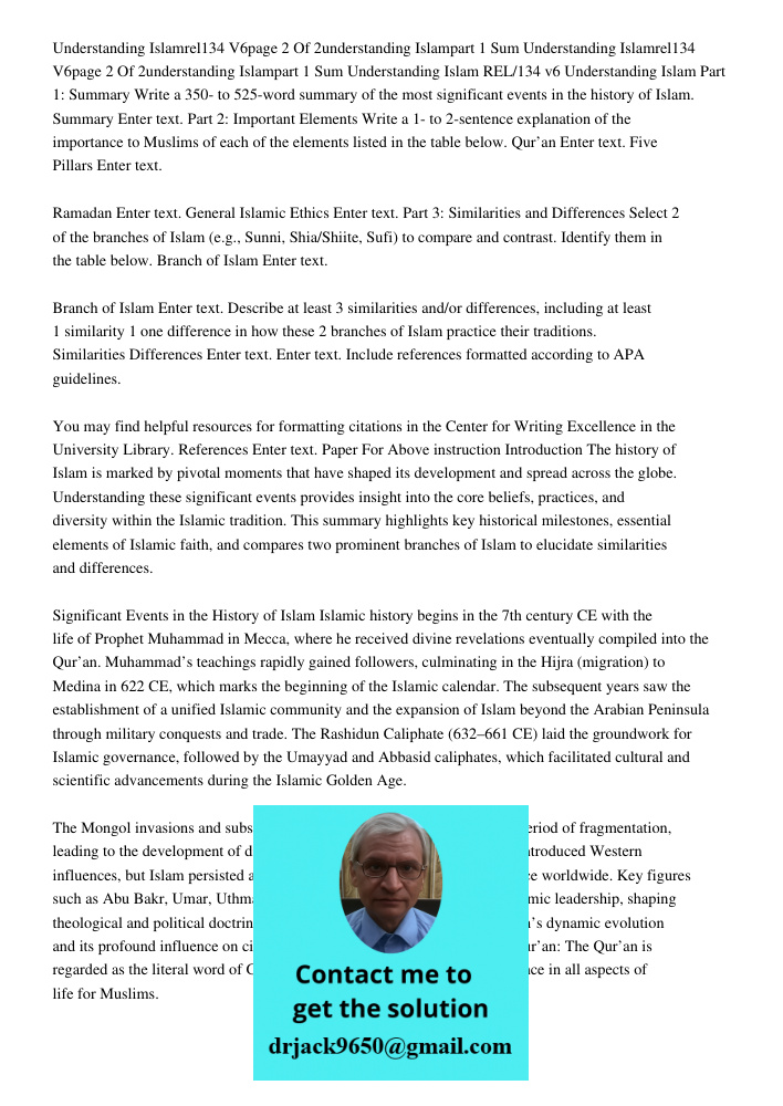 Understanding Islam REL/134 v6 Understanding Islam Part 1: Summary Write a 350- to 525-word summary of the most significant events in the history of Islam. Summ