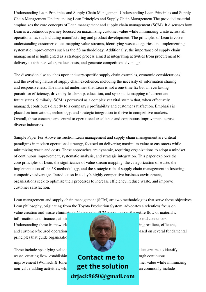 Understanding Lean Principles and Supply Chain Management The provided material emphasizes the core concepts of Lean management and supply chain management (SCM