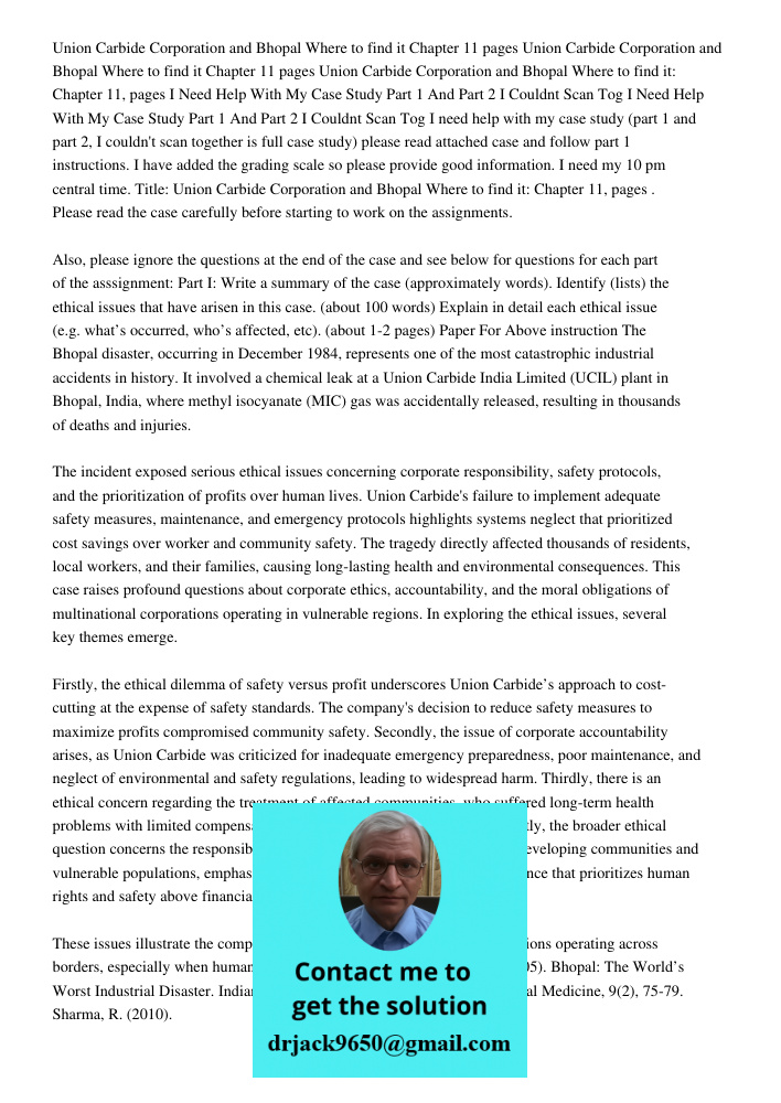 Union Carbide Corporation and Bhopal Where to find it Chapter 11 pages I Need Help With My Case Study Part 1 And Part 2 I Couldnt Scan Tog I Need Help With My C
