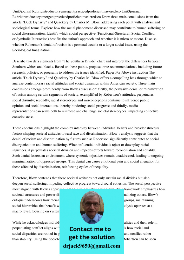 Draw three main conclusions from the article "Duck Dynasty" and Quackery by Charles M. Blow, addressing each point with analysis and sociological terms. Explore