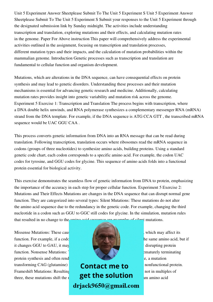 Submit your responses to the Unit 5 Experiment through the designated submission link by Sunday midnight. The activities include understanding transcription and