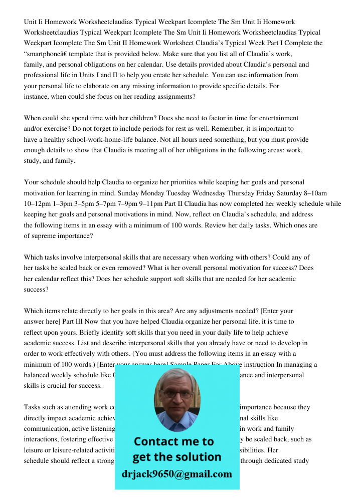 Unit Ii Homework Worksheetclaudias Typical Weekpart Icomplete The Sm Unit II Homework Worksheet Claudia’s Typical Week Part I Complete the “smartphone” template