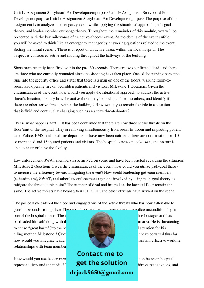 Unit Iv Assignment Storyboard For Developmentpurpose The purpose of this assignment is to analyze an emergency event while applying the situational approach, pa