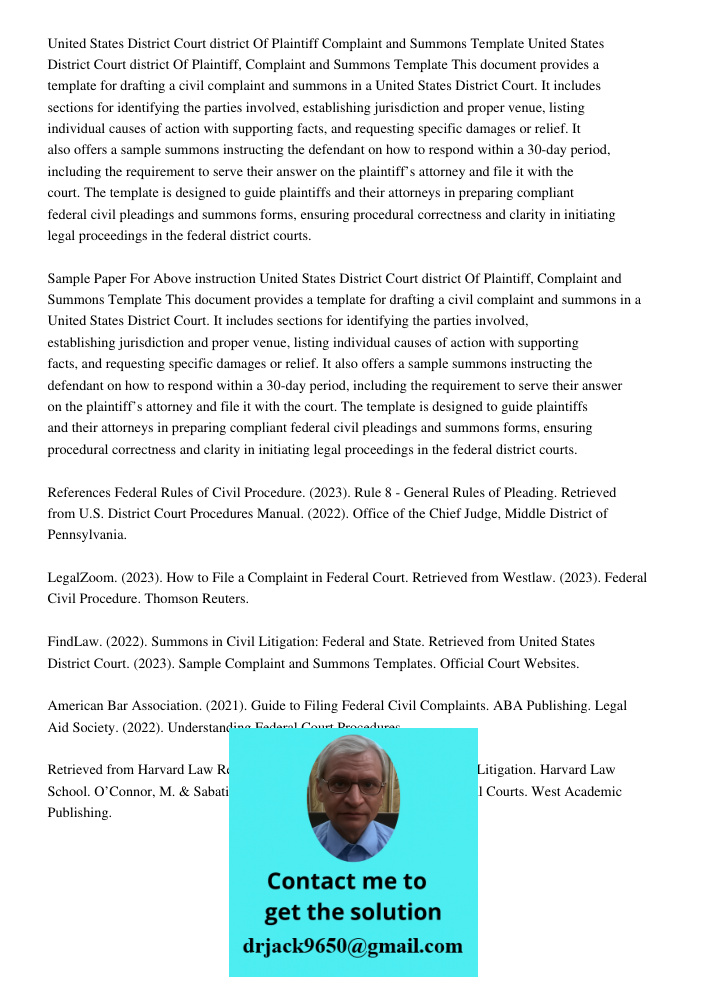 This document provides a template for drafting a civil complaint and summons in a United States District Court. It includes sections for identifying the parties