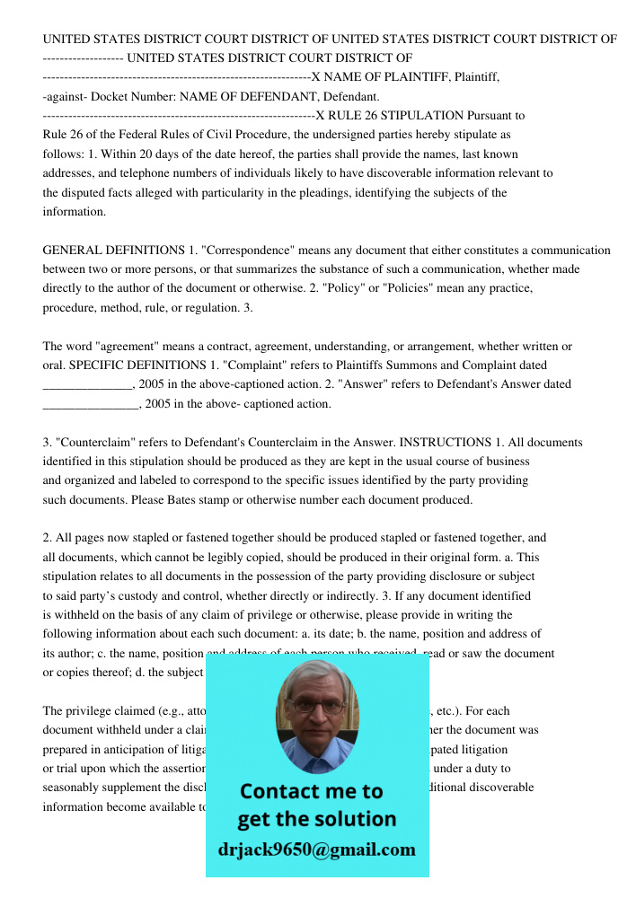 UNITED STATES DISTRICT COURT DISTRICT OF ---------------------------------------------------------------X NAME OF PLAINTIFF, Plaintiff, -against- Docket Number: