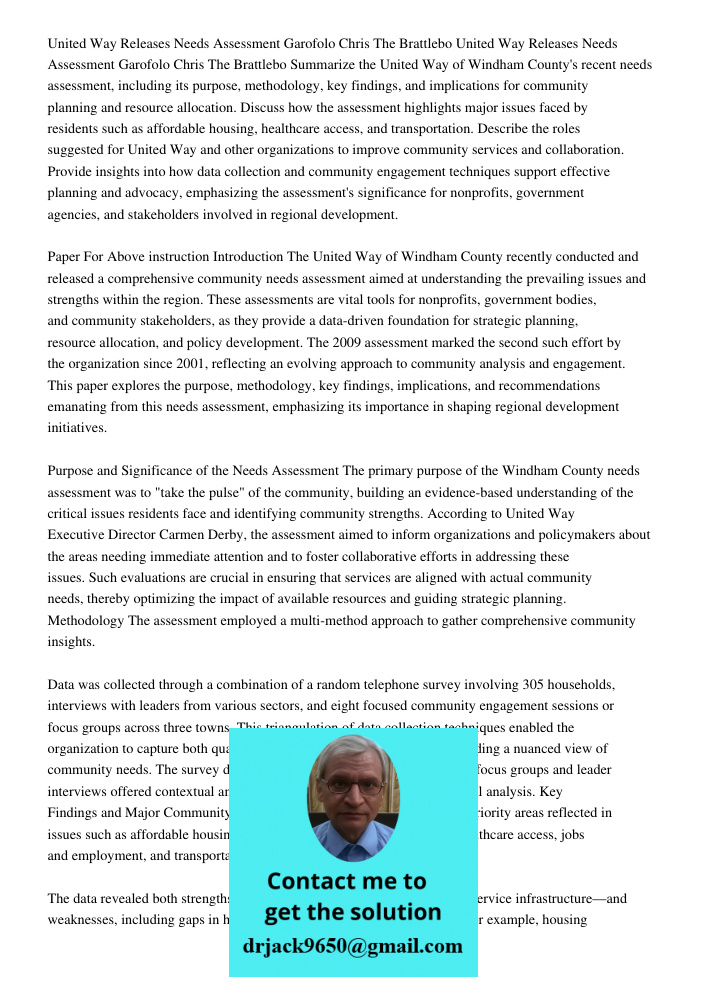 Summarize the United Way of Windham County's recent needs assessment, including its purpose, methodology, key findings, and implications for community planning 