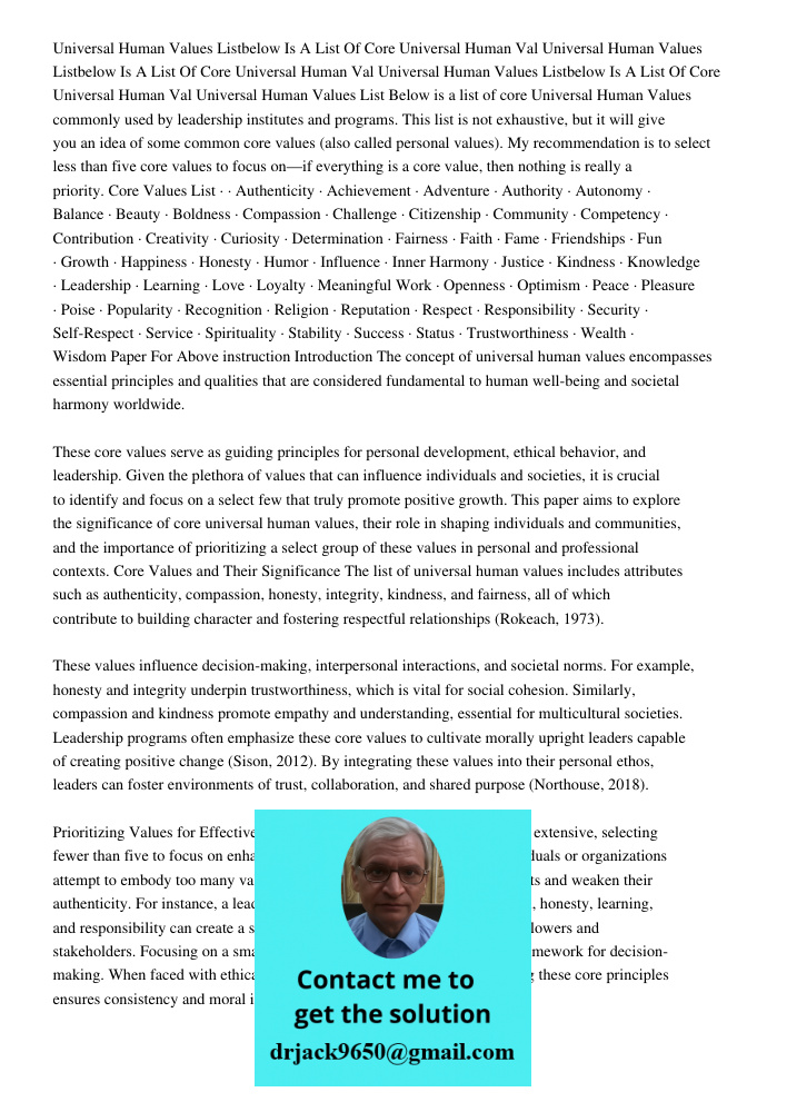 Universal Human Values Listbelow Is A List Of Core Universal Human Val Universal Human Values List Below is a list of core Universal Human Values commonly used 