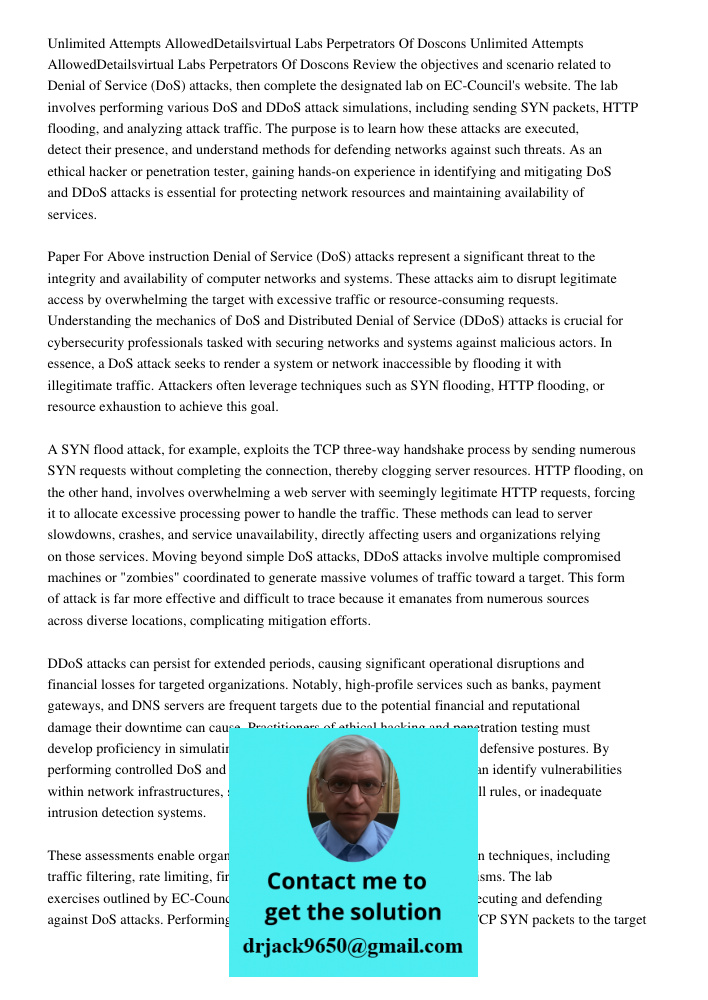 Review the objectives and scenario related to Denial of Service (DoS) attacks, then complete the designated lab on EC-Council's website. The lab involves perfor