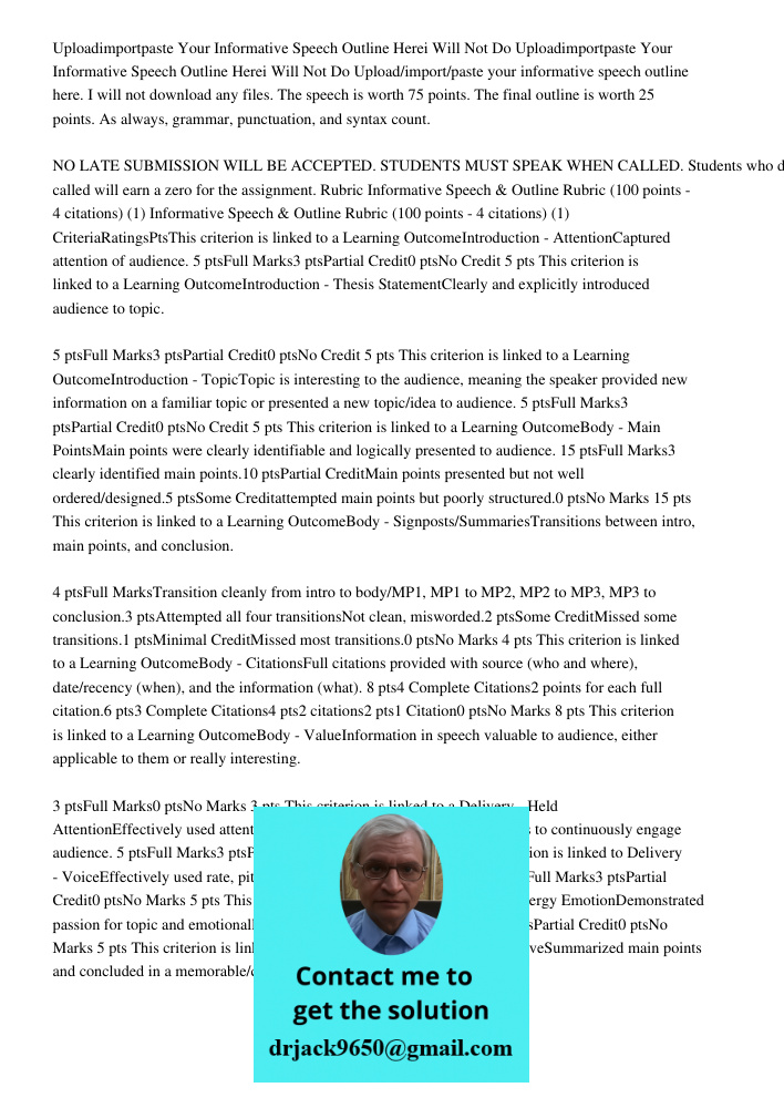 Upload/import/paste your informative speech outline here. I will not download any files. The speech is worth 75 points. The final outline is worth 25 points. As