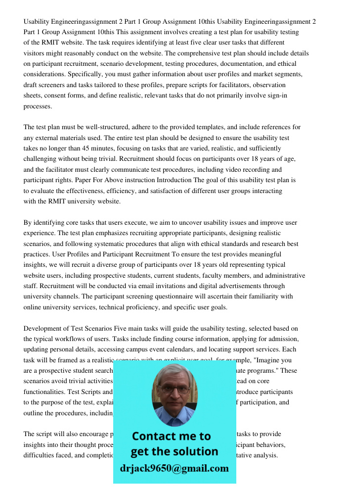 This assignment involves creating a test plan for usability testing of the RMIT website. The task requires identifying at least five clear user tasks that diffe
