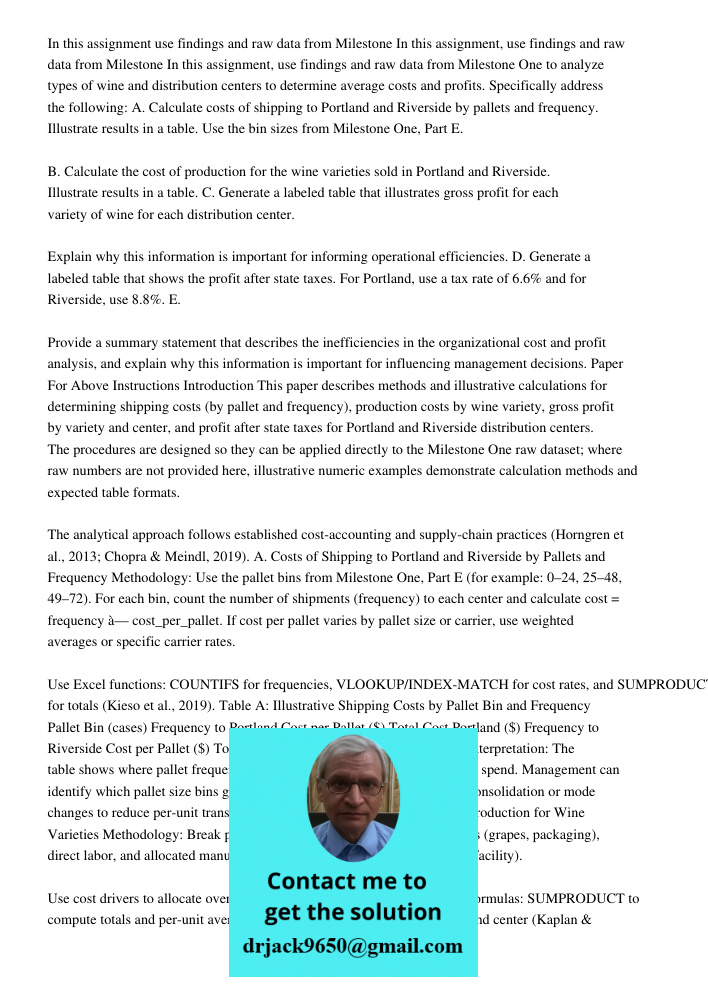 In this assignment, use findings and raw data from Milestone One to analyze types of wine and distribution centers to determine average costs and profits. Speci