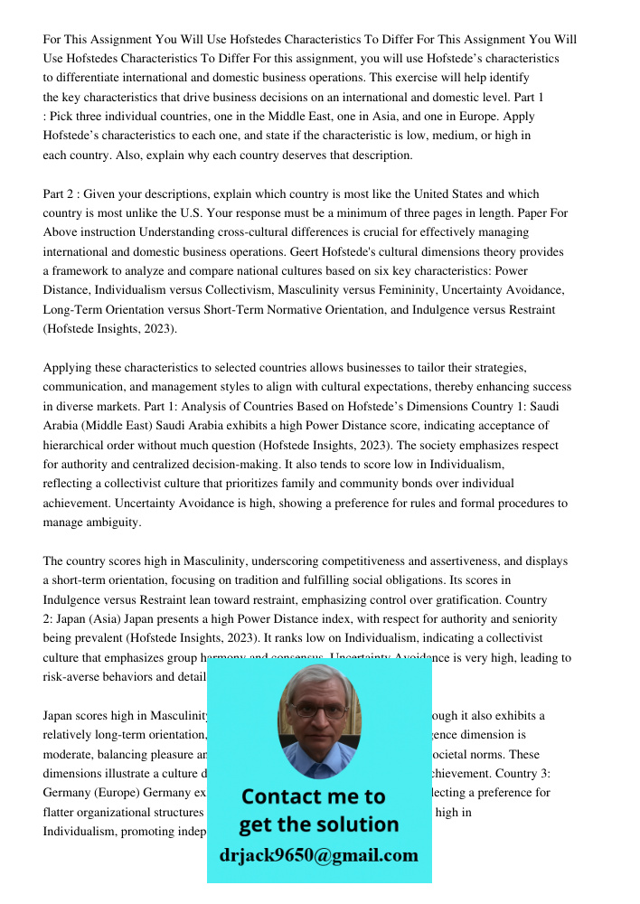 For this assignment, you will use Hofstede’s characteristics to differentiate international and domestic business operations. This exercise will help identify t