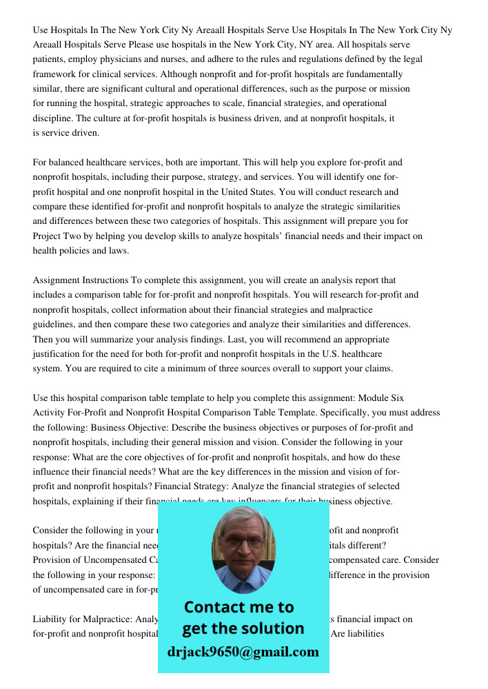 Please use hospitals in the New York City, NY area. All hospitals serve patients, employ physicians and nurses, and adhere to the rules and regulations defined 