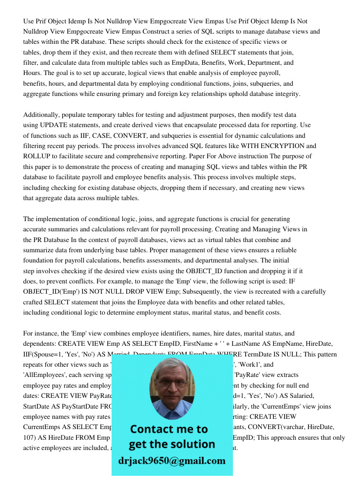 Construct a series of SQL scripts to manage database views and tables within the PR database. These scripts should check for the existence of specific views or 