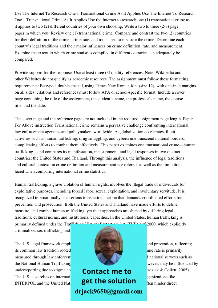 Use the Internet to research one (1) transnational crime as it applies to two (2) different countries of your own choosing. Write a two to three (2-3) page pape