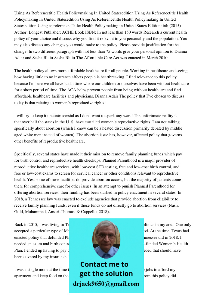 Using As Referencetitle Health Policymaking In United Statesedition Using as reference: Title: Health Policymaking in United States Edition: 6th (2015) Author: 