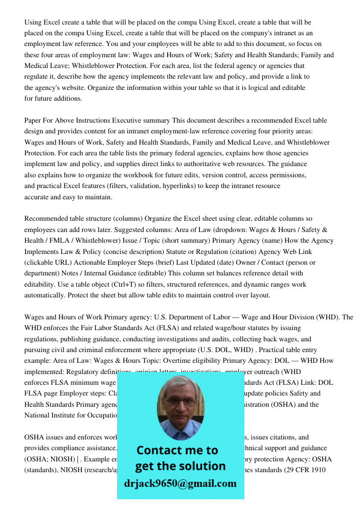 Using Excel, create a table that will be placed on the company's intranet as an employment law reference. You and your employees will be able to add to this doc