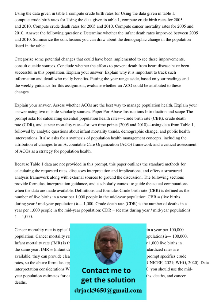Using the data given in table 1, compute crude birth rates for 2005 and 2010. Compute crude death rates for 2005 and 2010. Compute cancer mortality rates for 20