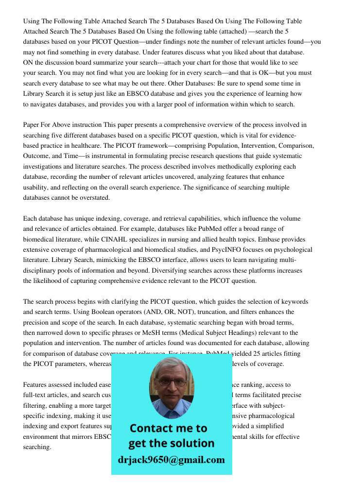Using the following table (attached) —search the 5 databases based on your PICOT Question—under findings note the number of relevant articles found—you may not 