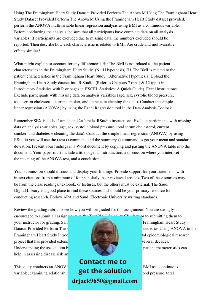 Using the Framingham Heart Study dataset provided, perform the ANOVA multivariable linear regression analysis using BMI as a continuous variable. Before conduct