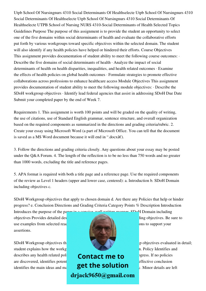 Utpb School Of Nursingnurs 4310 Social Determinants Of Healthselecte UTPB School of Nursing NURS 4310-Social Determinants of Health Selected Topics Guidelines P