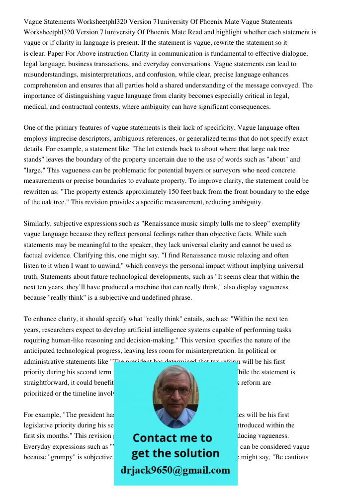 Read and highlight whether each statement is vague or if clarity in language is present. If the statement is vague, rewrite the statement so it is clear. Paper 