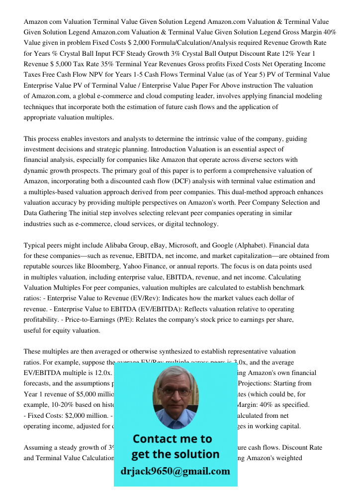 Amazon.com Valuation & Terminal Value Given Solution Legend Gross Margin 40% Value given in problem Fixed Costs $ 2,000 Formula/Calculation/Analysis required Re