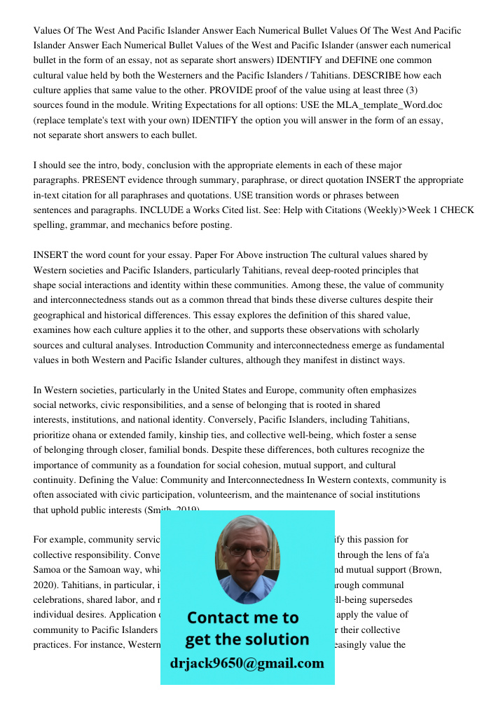Values of the West and Pacific Islander (answer each numerical bullet in the form of an essay, not as separate short answers) IDENTIFY and DEFINE one common cul