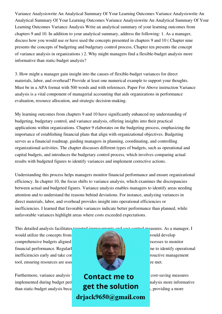 Variance Analysiswrite An Analytical Summary Of Your Learning Outcomes Variance Analysis Write an analytical summary of your learning outcomes from chapters 9 a