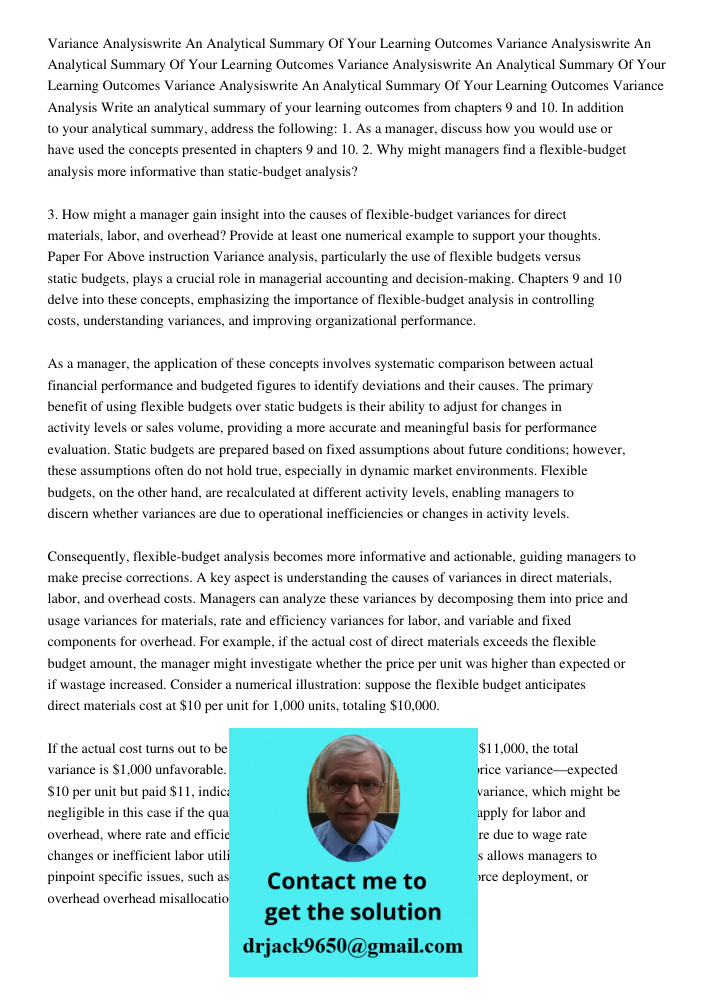 Variance Analysiswrite An Analytical Summary Of Your Learning Outcomes Variance Analysiswrite An Analytical Summary Of Your Learning Outcomes Variance Analysis 