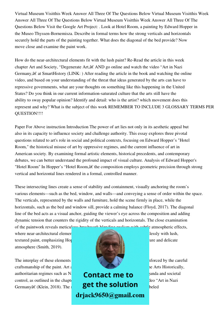 Virtual Museum Visitthis Week Answer All Three Of The Questions Below Visit the Google Art Project: . Look at Hotel Room, a painting by Edward Hopper in the Mus