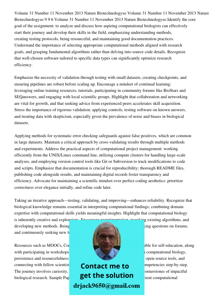 Volume 31 Number 11 November 2013 Nature Biotechnologyso Identify the core goal of the assignment: to analyze and discuss how aspiring computational biologists 