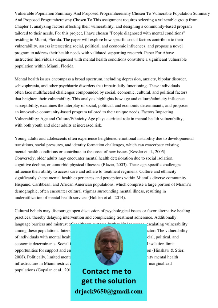 This assignment requires selecting a vulnerable group from Chapter 1, analyzing factors affecting their vulnerability, and designing a community-based program t