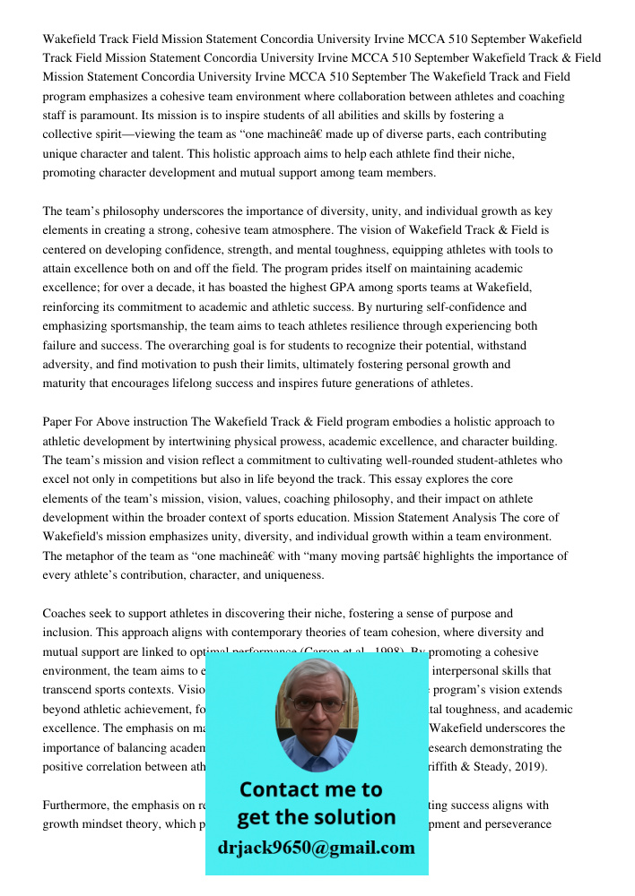 Wakefield Track Field Mission Statement Concordia University Irvine MCCA 510 September The Wakefield Track and Field program emphasizes a cohesive team environm