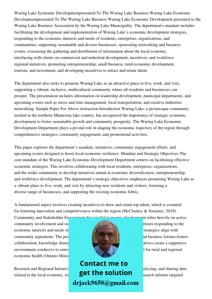 Waring Lake Economic Development presented to the Waring Lake Business Association by the Waring Lake Municipality. The department's mandate includes facilitati