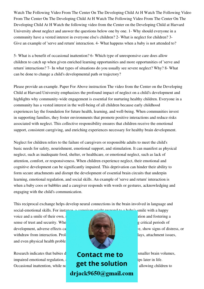 Watch The Following Video From The Center On The Developing Child At H Watch the following video from the Center on the Developing Child at Harvard University a