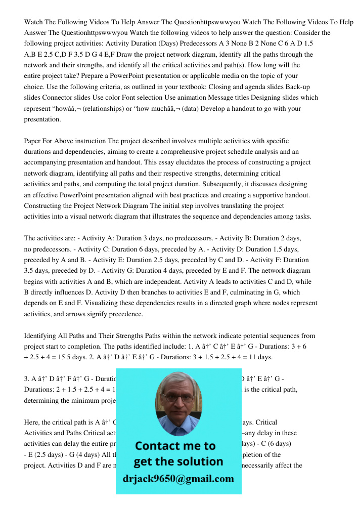Watch the following videos to help answer the question: Consider the following project activities: Activity Duration (Days) Predecessors A 3 None B 2 None C 6 A
