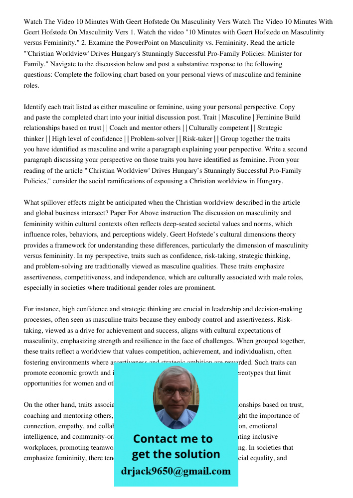 1. Watch the video "10 Minutes with Geert Hofstede on Masculinity versus Femininity." 2. Examine the PowerPoint on Masculinity vs. Femininity. Read the article 