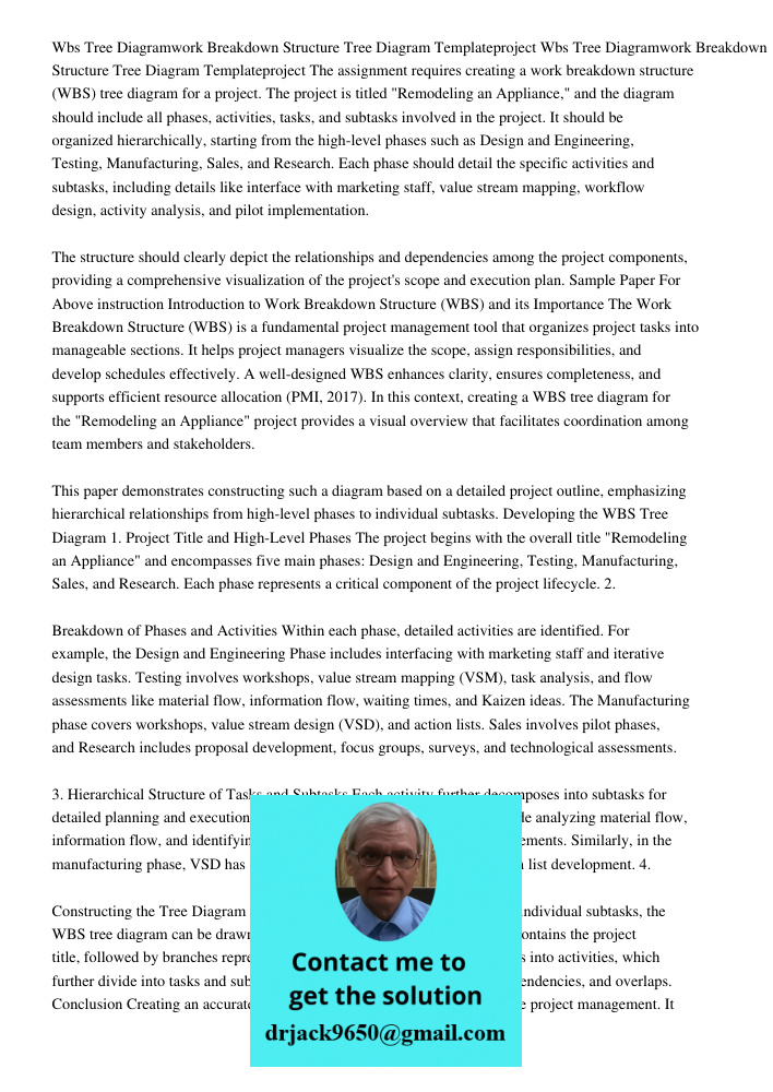 The assignment requires creating a work breakdown structure (WBS) tree diagram for a project. The project is titled "Remodeling an Appliance," and the diagram s