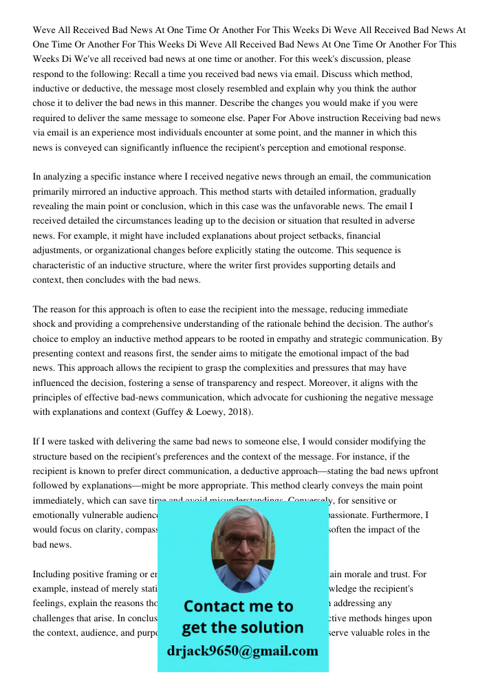 Weve All Received Bad News At One Time Or Another For This Weeks Di We've all received bad news at one time or another. For this week's discussion, please respo