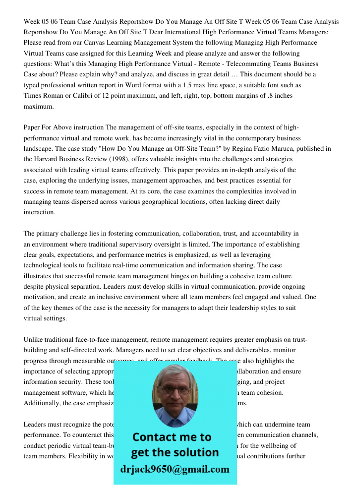 Dear International High Performance Virtual Teams Managers: Please read from our Canvas Learning Management System the following Managing High Performance Virtu