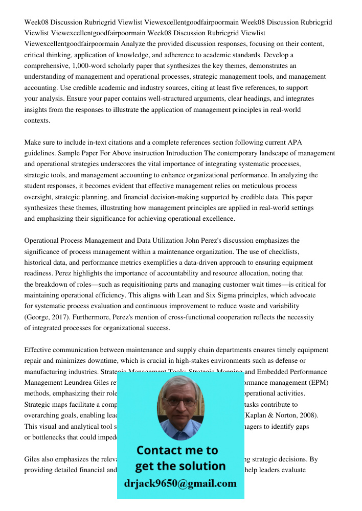 Week08 Discussion Rubricgrid Viewlist Viewexcellentgoodfairpoormain Analyze the provided discussion responses, focusing on their content, critical thinking, app