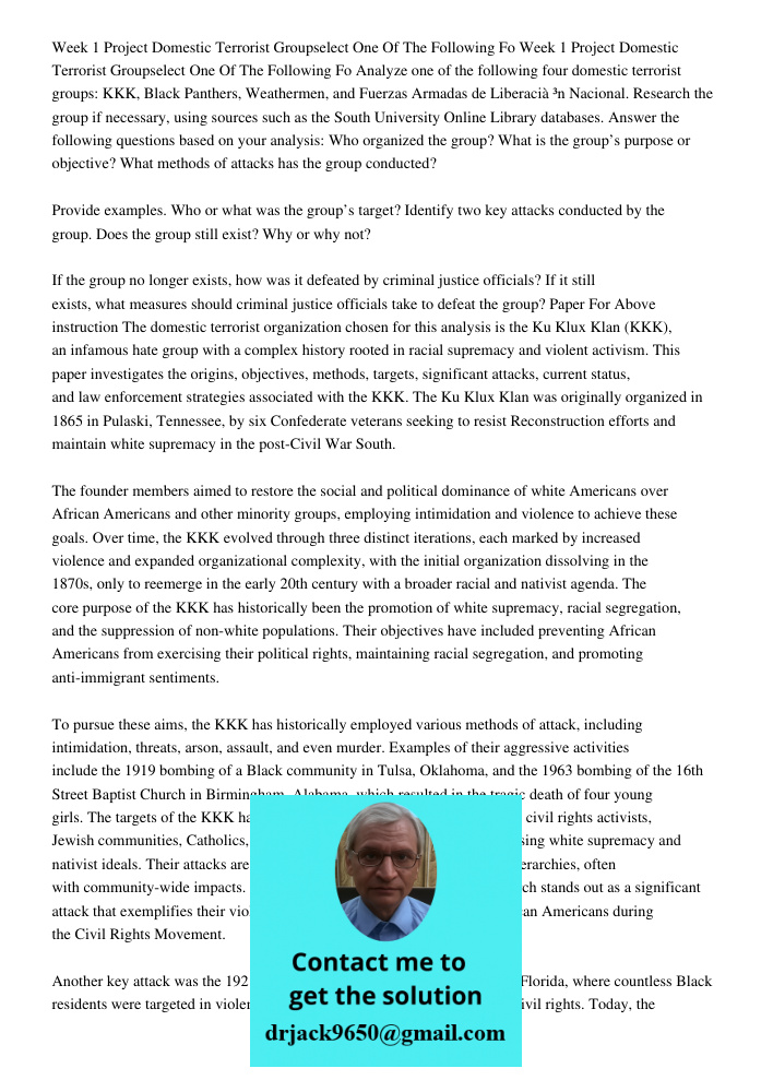 Analyze one of the following four domestic terrorist groups: KKK, Black Panthers, Weathermen, and Fuerzas Armadas de Liberacià³n Nacional. Research the group if