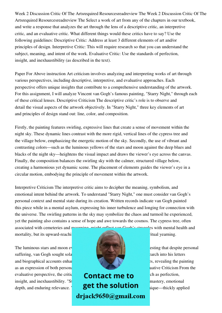 Select a work of art from any of the chapters in our textbook, and write a response that analyzes the art through the lens of a descriptive critic, an interpret