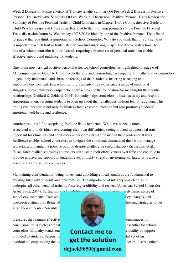 Week 2 - Discussion: Positive Personal Traits Review the Summary of Positive Personal Traits of Child Clinicians in Chapter 1 of A Comprehensive Guide to Child 